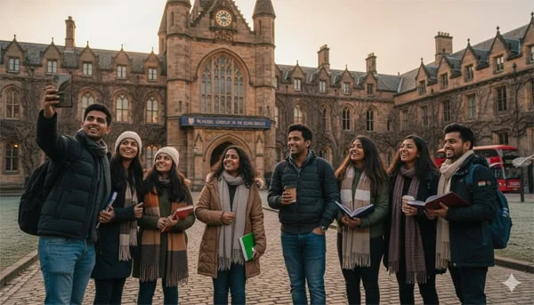 Indian Students posing in front of Russel Group of Universities