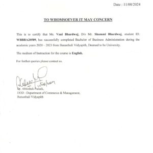 JNTU MOI Certificate Sample